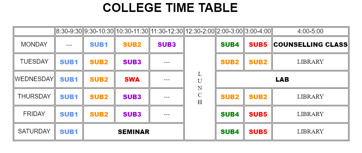 time table using html